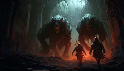 giant wolf monsters in the forest ruins