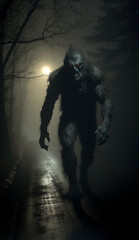 scary Bigfoot cryptid on a dark road at night