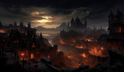 fiery city castle at night