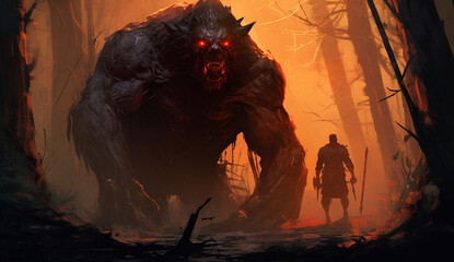 giant beast and soldier in the fiery forest