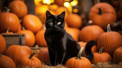 A black cat weaves through a pumpkin patch, bringing a touch of enchantment to the autumn scene. Halloween concept for pumpkin farm, fall festival organizer, Halloween-themed craft market.