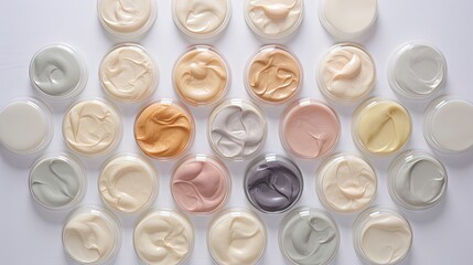  a white table topped with lots of different colored creams.  generative ai
