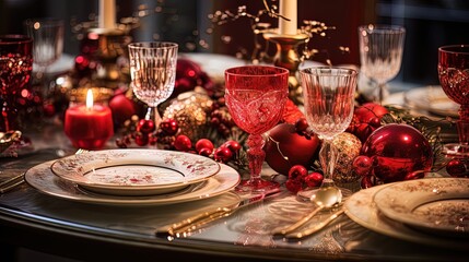 Fototapeta premium Christmas table setting, holiday.