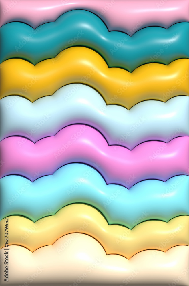 Poster multi-colored abstract background of curved shapes, smooth texture with glitter, inflated shapes. 3d