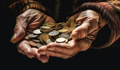 Dark Times of Poverty and Inflation Seen in an Elderly Woman's Hand with Coins. AI Generative