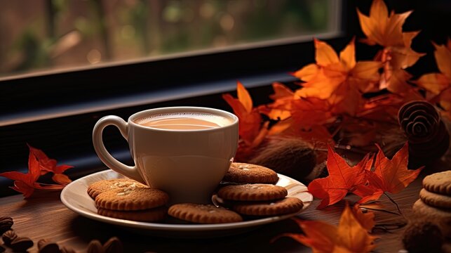 Autumn coffee with cookies. Generative AI