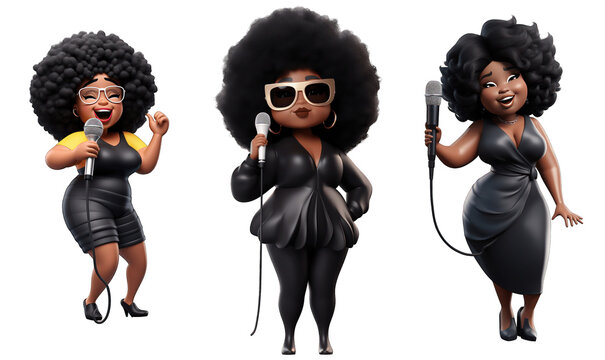 set of funny cartoon black woman singer 3d avatar character