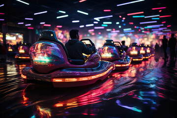 Neon-Lit Futuristic Bumper Cars: The Sleek and Electric Thrills of Tomorrow's Entertainment, Setting the Stage for Unforgettable Funfair Adventures.

 - obrazy, fototapety, plakaty