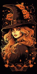 Illustration Cute little witch in a cap. Halloween theme. Generative AI