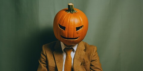 Halloween pumpkin on a man's head. Dark background. Halloween theme. Generative AI
