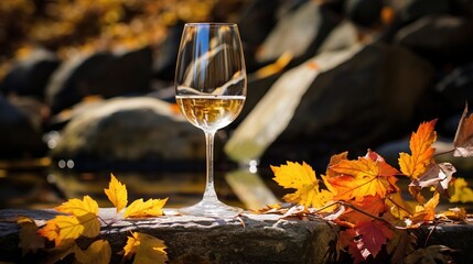 a glass of wine sitting on top of a rock next to leaves. generative ai