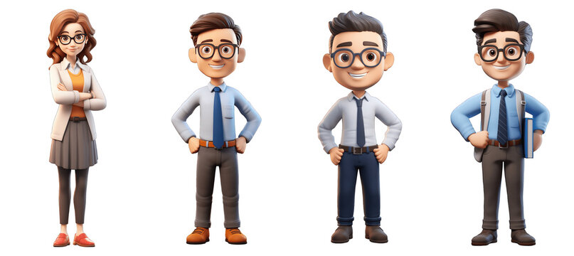 set of funny cartoon teacher 3d avatar character