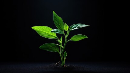  a plant with green leaves on a black background with a black background.  generative ai