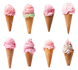 ice cream scoop balls on waffle cone isolated on transparent white background png