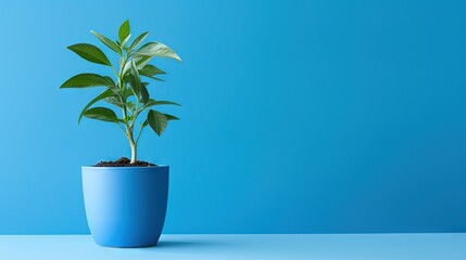  a plant in a blue pot on a blue table against a blue background.  generative ai