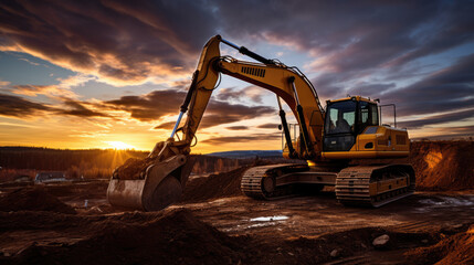Sunset Construction. Excavator Hard at Work during Golden Hour. AI Generative