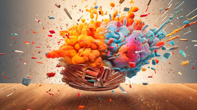 Concept art of a human brain exploding with knowledge and creativity. Generative AI