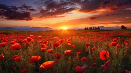 Fototapeta na wymiar Field with red poppies, neon sunset. Generative AI