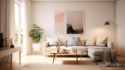 Fototapeta na wymiar Contemporary Interior Design Background. Scandinavian Living Room. Generative AI