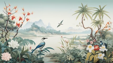 Fototapeta na wymiar Chinoiserie Wallpaper Mural, Wall Art, Tropical Landscape, Home Decor, Hand Draw Design