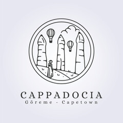 hot air balloon in cappadocia with woman design vector illustration in badge for logo icon symbol template background