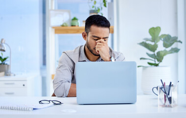 Employee, stress and man with a headache, laptop and overworked with pain, mental health issue and...