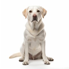 Labrador Retriever dog sitting on a white background with a pink nose and dark eyes.