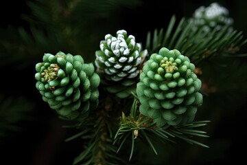 The pine cones are young and have not yet opened up. The pine cones are arranged in a triangular formation.