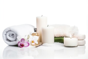 A spa setting with white towels, candles, and orchids