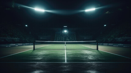 View of a tennis court with light from the spotlights over dark background