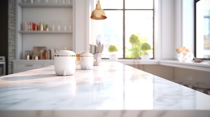 Fototapeta na wymiar Empty white marble counter top table modern kitchen for display over bright luxury room background. Generative AI