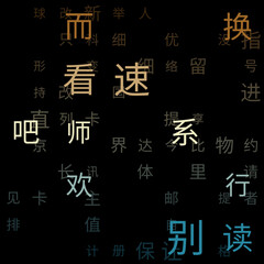 Letters matrix background. Random characters of the Chinese Simplified Alphabet. Gradiented matrix pattern. Brown teal color theme backgrounds. Tileable horizontally. Charming vector illustration.