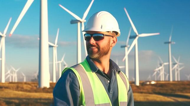 Engineer man working renewable wind energy plant. Generative AI