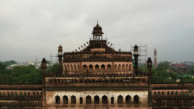 Husainabad Clock Tower and Bada Imambara India Architecture view from a drone