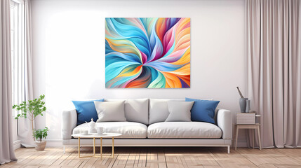 Modern living room with white couch with colorful abstract art canvas.  Modern interior of family room.  Interior concept. 