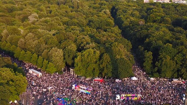 Beautiful aerial top view flight CSD Pride Parade 2023 Berlin Crowd Gay Party