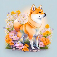 Shiba Inu sitting, full height, flowers on the background. Watercolor art, pop art. Digital illustration created with Generative AI technology