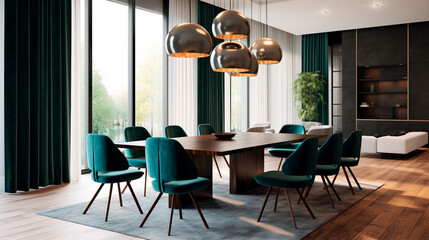 Fototapeta premium Interior design of Dining Room in Contemporary style with Statement Chandelier decorated with Velvet Chairs, Textured Rug material. contemporary architecture. Generative AI
