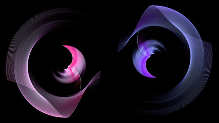 Wavy and arcuate abstract vanes are layered and rotate on a black background. Set. Icon, logo, symbol, sign. 3D rendering. 3D illustration.