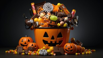 Overflowing with sugary delights.  Candy bucket entices trick-or-treaters and sweet-toothed customers, Halloween concept, for candy stores, supermarkets, confectionery shops.