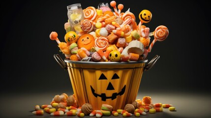 Overflowing with sugary delights.  Candy bucket entices trick-or-treaters and sweet-toothed customers, Halloween concept, for candy stores, supermarkets, confectionery shops.