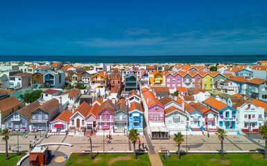 Costa Nova, Aveiro. Traditional houses with colorful stripes. Aerial view.