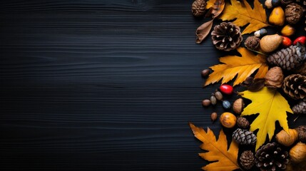 autumn leaves and pine cones on wood background