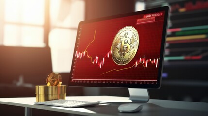Golden Bitcoin coins with a growth graph on a computer. Cryptocurrency trading concept