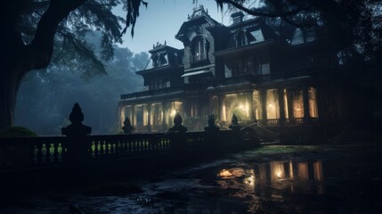 Fototapeta na wymiar Creepy old Halloween haunted castle mansion at night