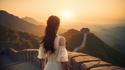 Girl in White Dress Standing on Great Wall of China at Sunset. Iconic Landmark Concept Ancient Marvel.