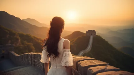 Foto auf Acrylglas Chinesische Mauer Girl in White Dress Standing on Great Wall of China at Sunset. Iconic Landmark Concept Ancient Marvel.