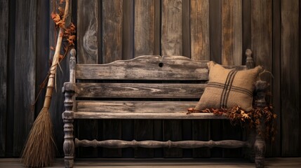 Resting on the porch. Rustic broomstick evokes a sense of enchantment and mystery. Halloween concept for home decor store, Halloween prop supplier, fantasy-themed gift shop.