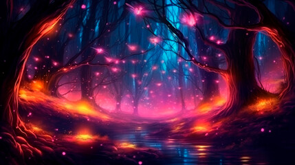 Magical firefly field at night. Lightning bugs in an enchanted landscape. Abstract glowing wallpaper background. Generative AI