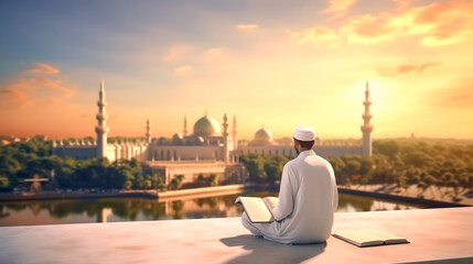 Fototapeta na wymiar Muslim man sitting and holding Quran with view of mosque, eid ul adha mubarak day background illustration. Generative AI